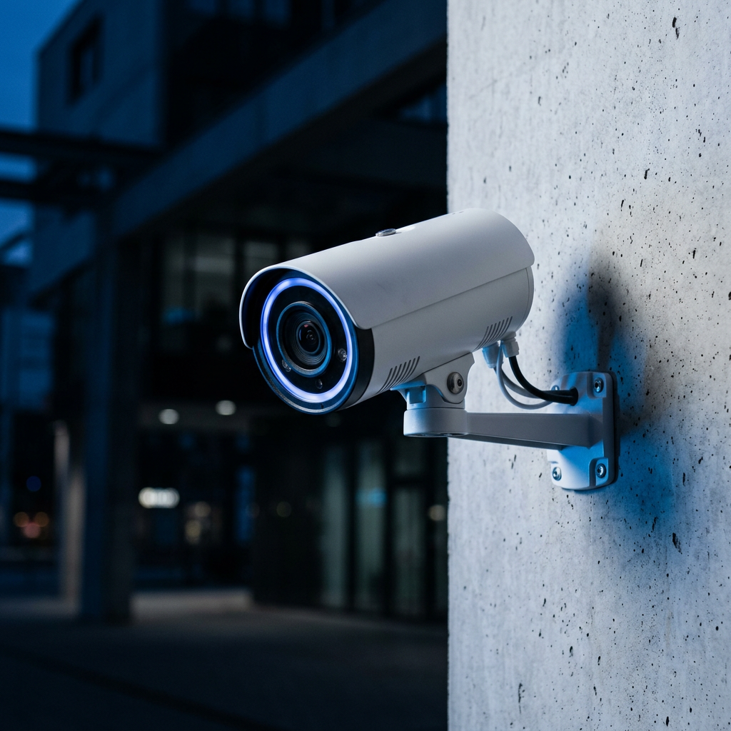 White SkyEye bullet security camera mounted on a wall with a blue glow