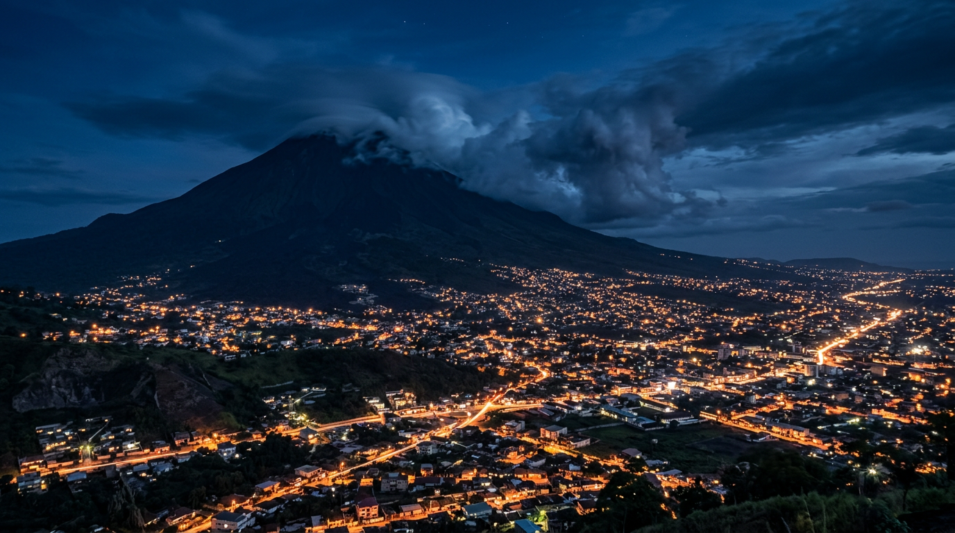 Mount Cameroon at dusk overlooking a city lit up at night