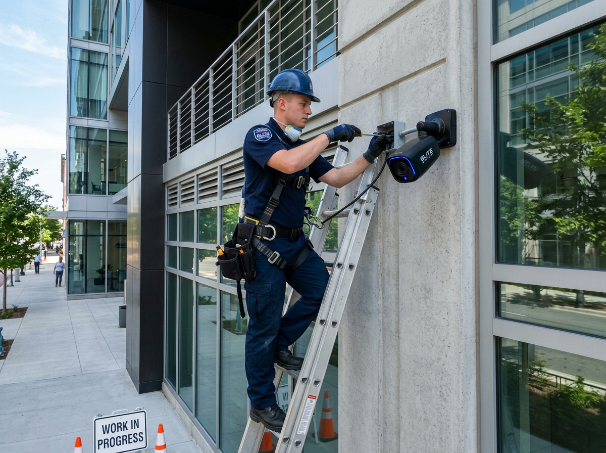 SkyEye technician installing a security camera